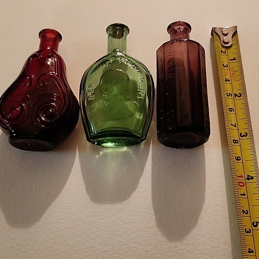 Set of Three Vintage Glass Bottles - Red, Green, and Purple - Picture 3 of 7